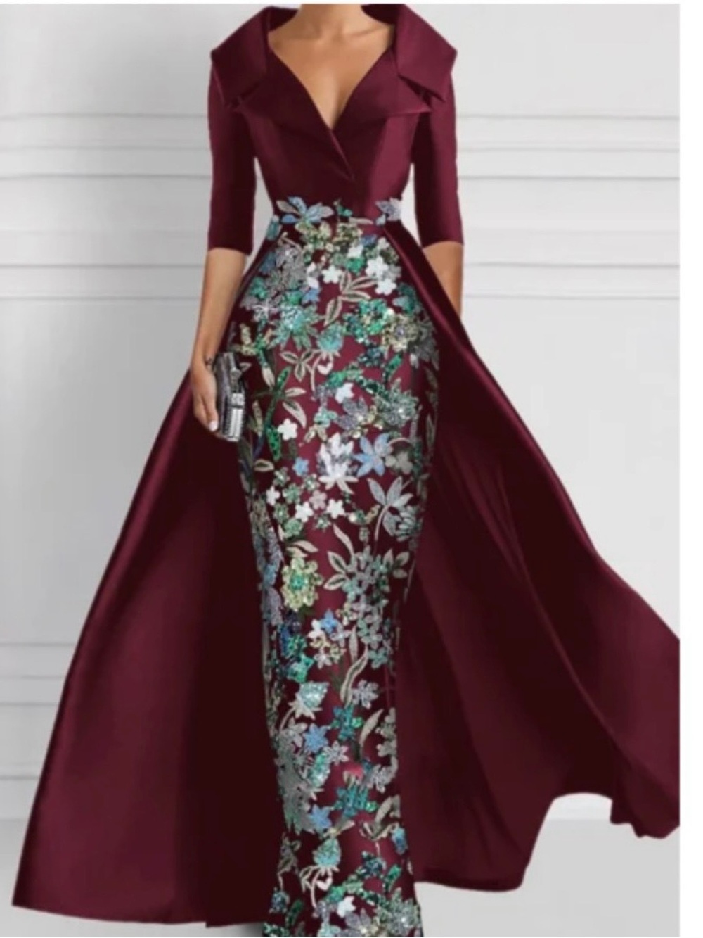 Elegant Burgundy Floral Embroidered Evening Dress